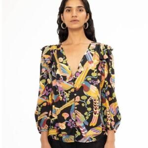 Banjanan Elise Long Sleeve Top Blouse Jet Black Print BFA23TV662 XS Xsmall NEW